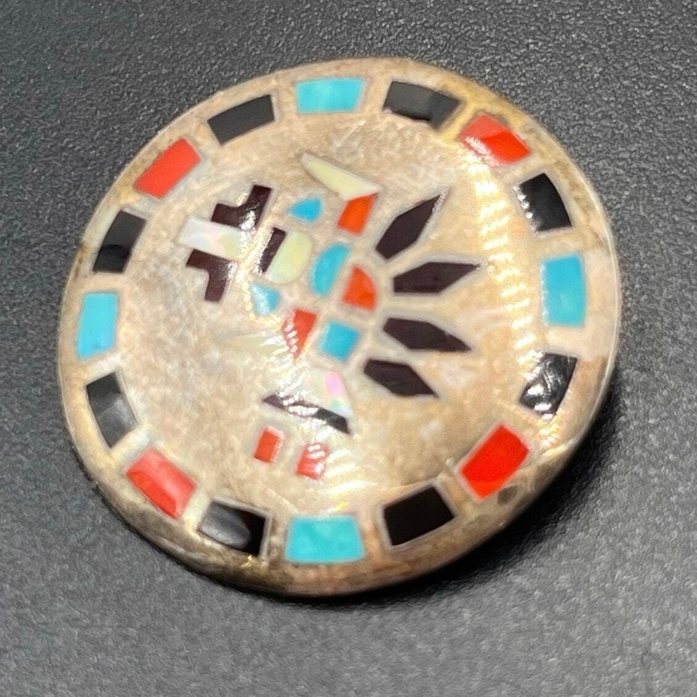 Hesser Lanyate Zuni Sterling Inlay Rainbow Dancer Turquoise Coral Brooch Pendant